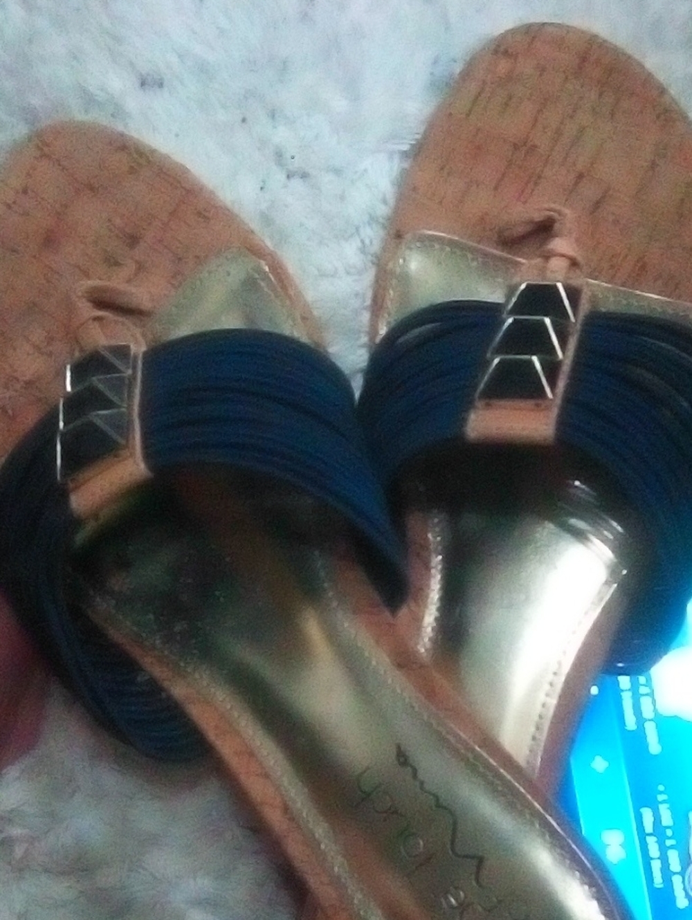 Nina Navy Slide Sandals with Gold Footbed and Accent